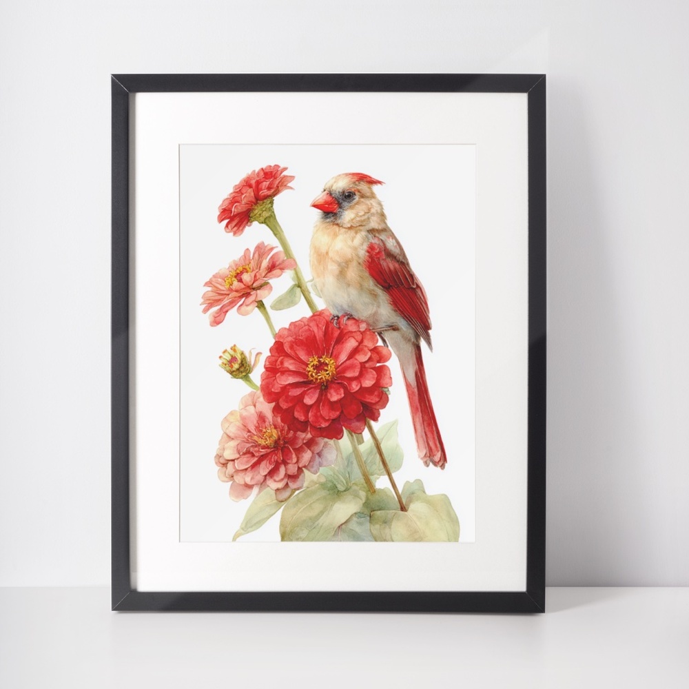 Watercolor Female Cardinal Bird with Zinnia Flowers Wall Art Print Unframed - Picture 3 of 6